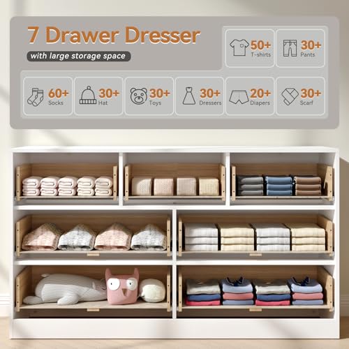 Image of White 7 Drawer Dresser for Bedroom, 55 inch Wide Fluted Dresser with Gold Handles, Modern Chest of Drawer for Bedroom, Closet, Living Room, Entryway, Hallway, White