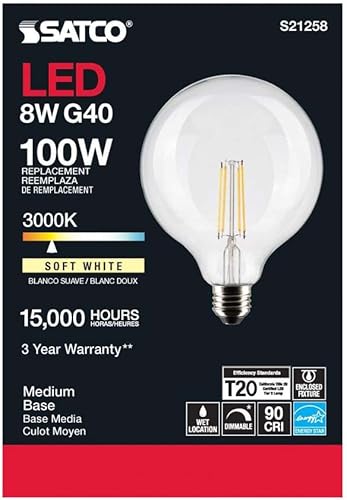 Miniatura 5 de Satco 6Pk 8w G40 Globo Filamento LED 3000K Base Mediana Regulable - 100W Equiv