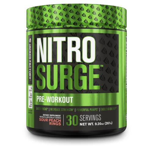 NITROSURGE Pre Workout Supplement - Endless Energy, Instant Strength Gains, Clear Focus, Intense Pumps - Nitric Oxide Booster & Powerful Preworkout Energy Powder - 30 Servings, Sour Peach Rings