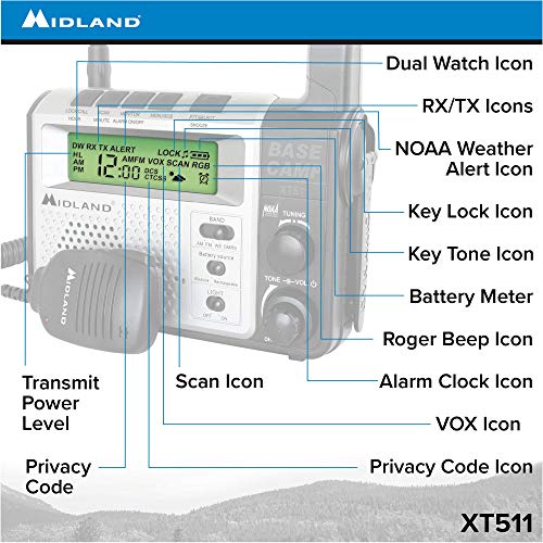 Midland® - XT511 - Emergency Radio - 22 Channel Two-Way Base Camp Radio with 5 Power Options, 121 Privacy Codes, 3-LED Flashlight & NOAA Weather Scan + Alert - Gray/Black - Image 4