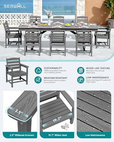 Image of SERWALL 10 Piece 84 inch HDPE Outdoor Dining Set for 8 with 15ft Double-Sided Umbrella, Gray