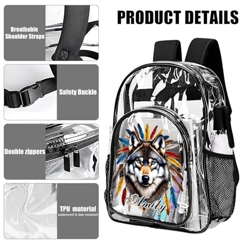 Custom Tribal Wolf Clear Backpack with Name Personalized Transparent Bookbag for Boys Girls PVC Waterproof Backpack Large Capacity Back to School Gifts4