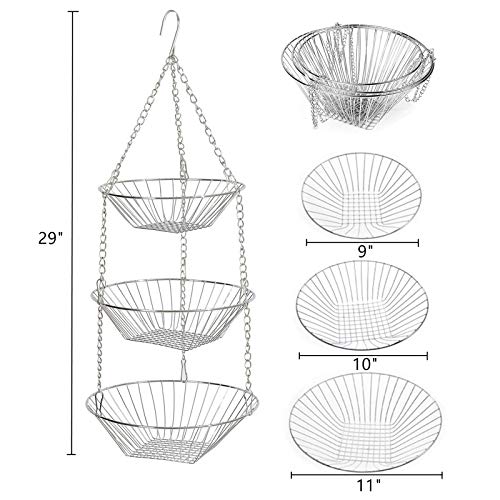 Pengke 3 Tier Metal Chain Hanging Basket Storage Tools,Fruits Vegetable Kitchen Household Storage Basket,Silver #TOP1