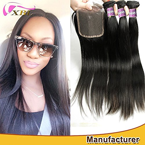XBLHAIR 100% Brazilian Remy Virgin Human Hair Weave 7A Grade Straight Hair Extensions 3 Bundles Deals with Brazilian Hair Accessions 4x4 Top Free Part Lace Closure Black (12 14 16+10)