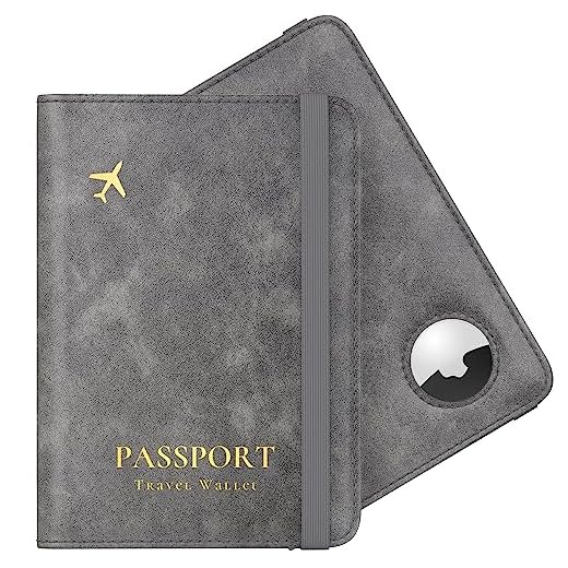 Stouchi AirTag Passport Wallet, Grey, Unisex, Faux Leather, RFID Blocking, Anti-Waterproof