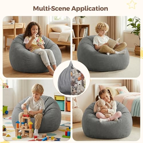 Image of Stuffed Animal Storage Bean Bag Chair Cover for Kids (No Filler), Soft Comfy Velvet Beanbag Chair Cover Machine Washable, Kids Bean Bag Chair with Handle for Living Room Bedroom Dorm,Dark Gray