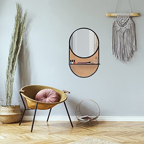 Relaxdays Wandspiegel met plank, hal, badkamer, woonkamer, ronde spiegel, metaal & hout, retro look, zwart/lichtbruin, 1… - Image 3