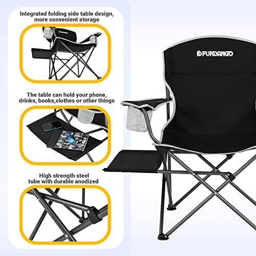 FUNDANGO Heavy Duty Camping Chair with Table Armrest Cup Holder Wide Backrest Folding Camp Chair Lightweight Portable for Outdoor Beach Picnic Foldable Chair Support up to 300LBS Black