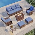 Aoxun 7-Piece Patio Furniture Set with 44” Fire Pit Table, Wicker Rattan Outdoor Sectional Sofa with High Back Swivel Rocker Chairs