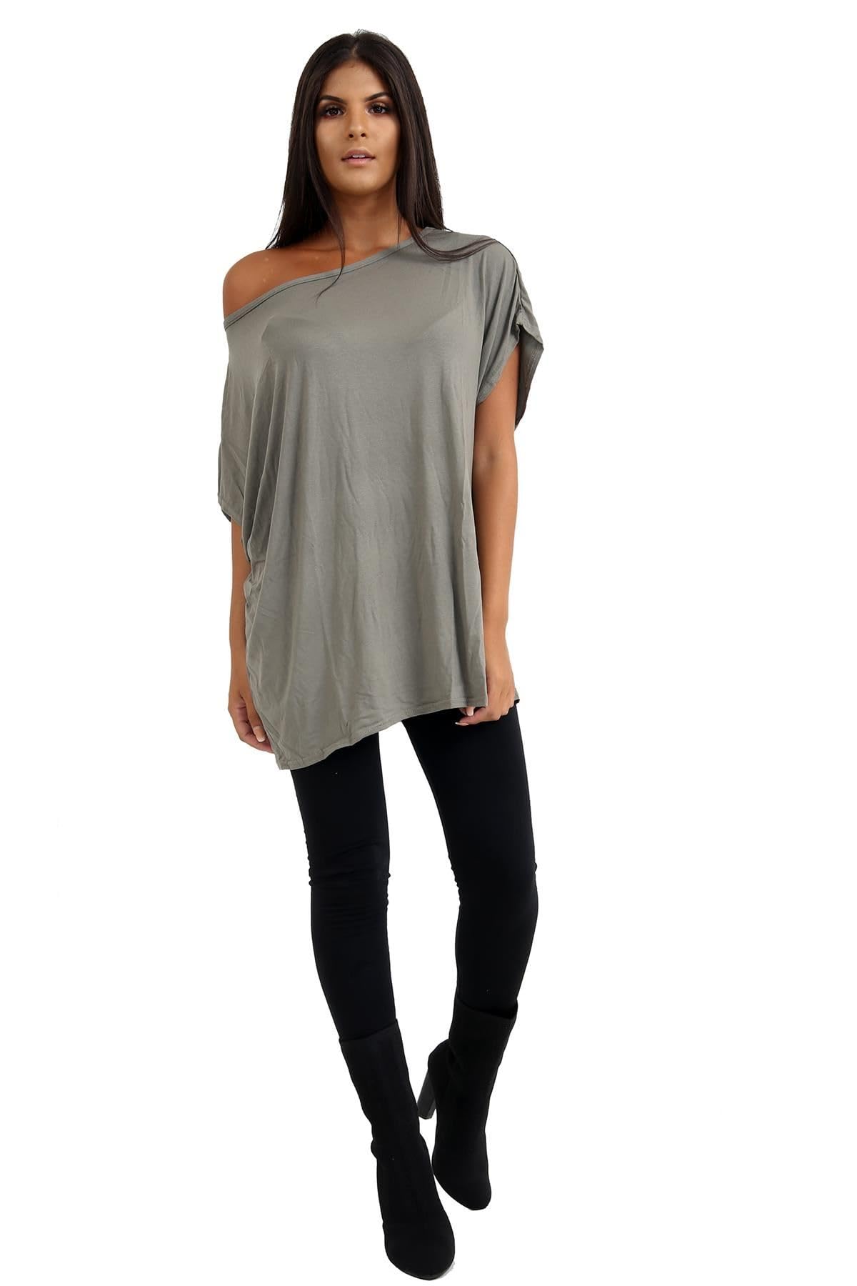 janisramone® Lot de 2 hauts à épaules dénudées pour femme, t-shirts surdimensionnés à manches courtes chauve-souris pour femme, haut uni à épaules dénudées, t-shirts amples décontractés, vêtements de
