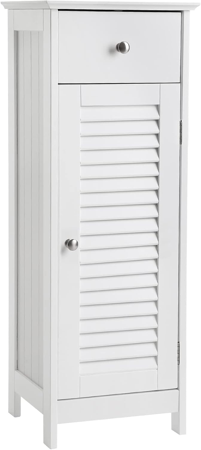 VASAGLE Bathroom Floor Cabinet Storage Organizer Set, with Drawer and Single Shutter Door Wooden, White UBBC43WT With Drawer 11.8"D x 12.6"W x 34.3"H