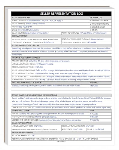 Real Estate Seller Representation Log for Realtors, Listing Consultation Worksheet Notepad with Pricing Strategy & Marketing Planning – Life Charge