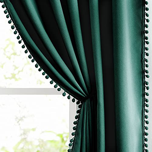 Image of Treatmentex Green Blackout Curtains for Bedroom 84 inch Pom Pom Windows Drapes Cute Decorative Triple Weave Thermal Insulated Curtain Drapes for Nursery Room Studio Hotel 52 inch w x2 Panels Rod Pocket