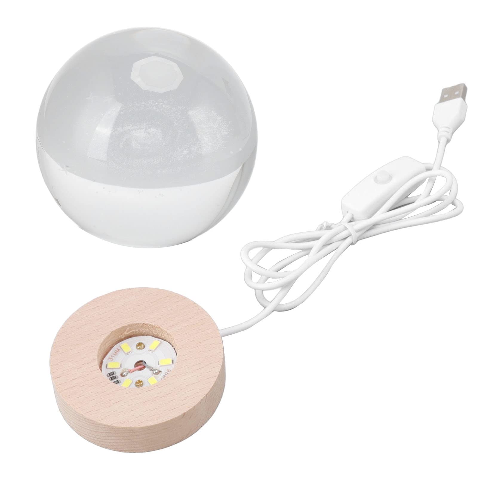 Ejoyous Lampka Nocna z Kryształowej Kuli Światło LED Kryształowa Kula z Grawerowaniem Laserowym 3D Przycisk USB Podstawa z Drewna Bukowego Miękki Blask Dekoracja na Biurko Sypialnia Salon Strona