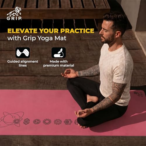 Image of GRIP Yoga Mat | Exercise Mat | 36 x 75 Inches | 12mm Thick | 7 Chakras Design Yoga Mat with Yoga Strap for Men & Women | Extra Thick, Long & Wide Non-Slip, Anti-Tear Exercise Mat for Home, Gym, Workout, Fitness, Yoga & Pilates Cherry Color