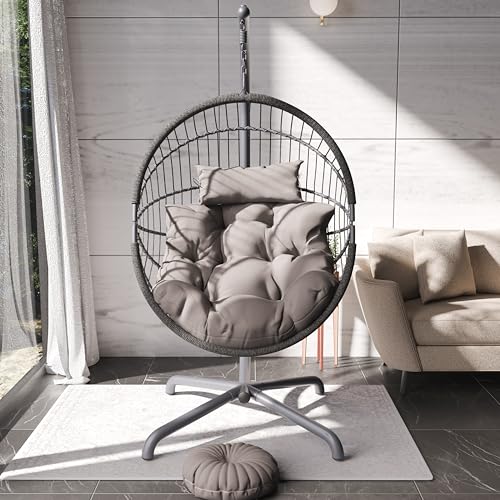 Swing Egg Chair, Rattan Hanging Egg Chair with Cushion, Foldable Egg Chair Outdoor Indoor, Garden Patio Hammock Chair with Stand & Adjustable Height, 160 Kg Weight Capacity 3 Swing Egg Chair, Rattan Hanging Egg Chair with Cushion, Foldable Egg Chair Outdoor Indoor, Garden Patio Hammock Chair with Stand & Adjustable Height, 160 Kg Weight Capacity - Image 3