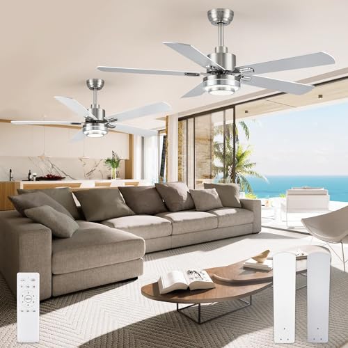 ZMISHIBO2 Pack Ceiling Fans with Light, 52" Modern Ceiling Fan with Remote, LED Quiet Ceiling Fan for Bedroom, Kitchen, Indoor, Dual Finish Blades (Brushed Nickel & White)
