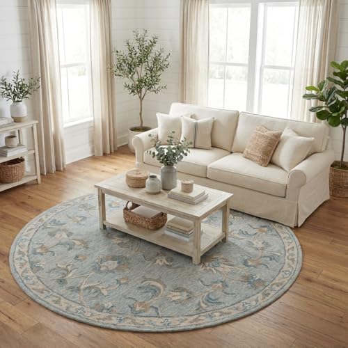 LR Home 5ft Indoor Wool Area Rug for Home Decor | Rugs for Living Room, Bedroom, playroom, entryway, Office | Hand Tufted Traditional Boho Area Rug for Room Decor | Blue/Cream