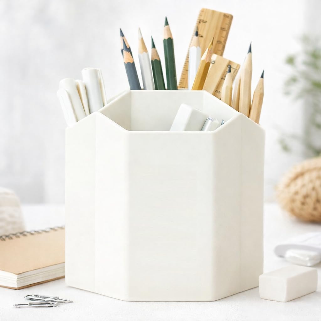 GEOCARTER Aesthetic Pen Holder for Desk Cute Stationery Organizer for Study Table, Kids & Office Desk Pencil Holder Strong & Unbreakable Design Large size Pen Stand – White