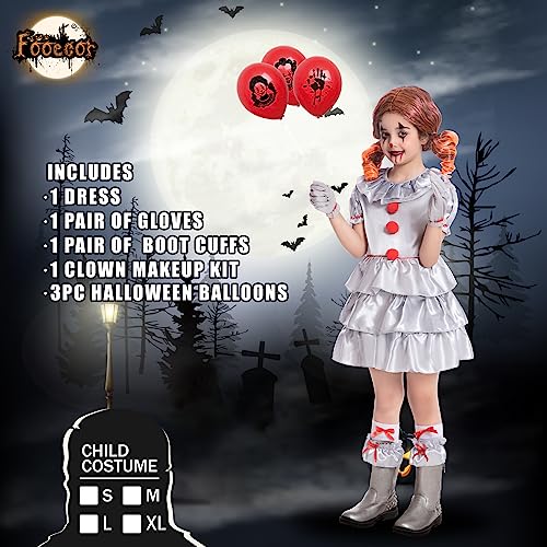 Fooecor Clown Costume For Girls Halloween Scary Clown Costume Dress Up,Clown Makeup Kit Red Nose Included Silver X-Large #TOP1