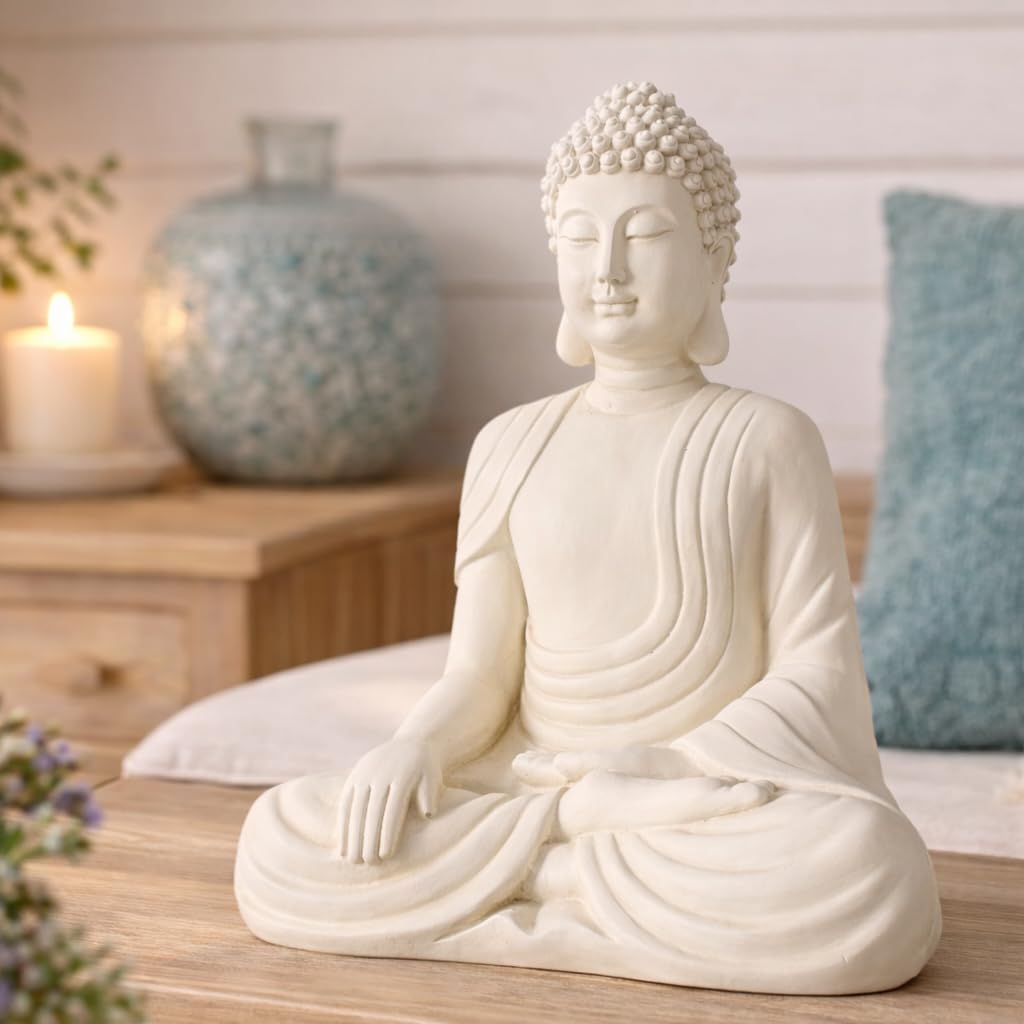 MF Buddha-Figur Serenity, Cremeweiß, 30 cm, Kunstharz, handgefertigt