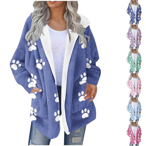 NZYIHAO Plüschjacke Damen Hundepfote Druck Winterjacke Warm Fleecejacke Kapuze Teddyjacke Lockere Übergangsjacke Fleece Strickjacke Winter Kapuzenjacke Teddy Wintermantel Open Front Fleecemantel