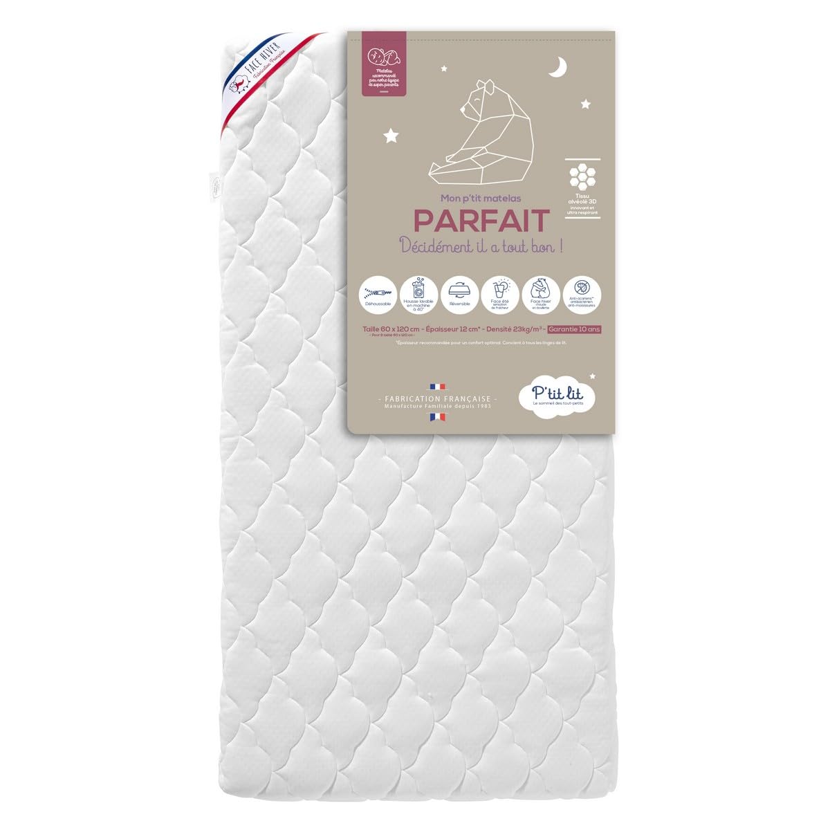 P'TIT LIT - Matelas Bébé Parfait - 60x120 cm - 2 Faces : Ultra Respirant l'Été/Chaud et Douillet l'hiver - Anti Acarien - Déhoussable - Oeko Tex® - Fabrication Française - EP. 10 cm
