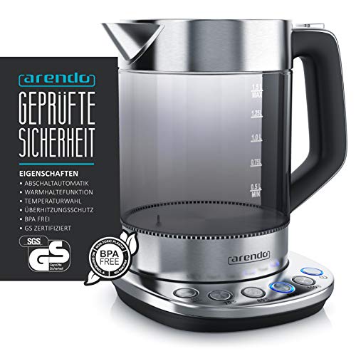 Arendo - Rauchglas Glas Wasserkocher mit Temperatureinstellung - Edelstahl - Warmhaltefunktion 30min - 1,5 Liter… – Bild 3