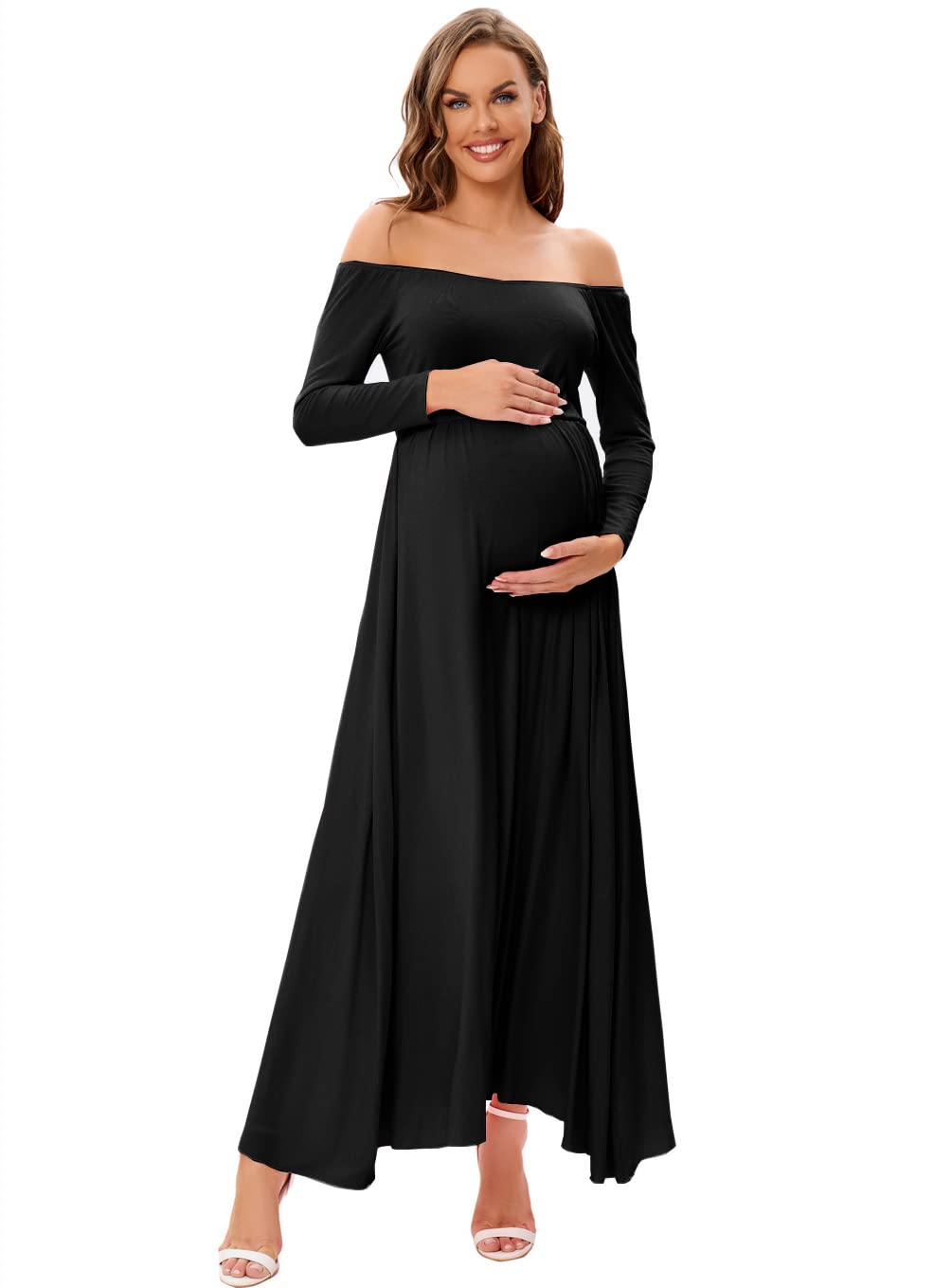 CFWSHJ Abito Lungo Premaman con Spalle Scoperte per Servizio Fotografico Baby Shower Abito Casual a Maniche Lunghe per Gravidanza