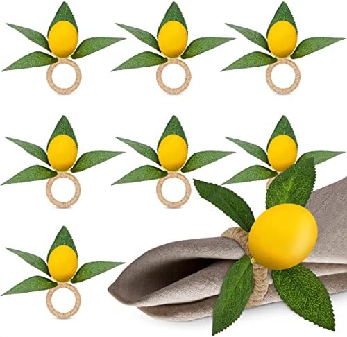 Lemon Napkin Rings Dining Table Set 8Pcs - Lemon Napkins Yellow Rings for Napkin Holders for Kitchen Decor - Farmhouse Decor Cloth Napkins Vine Leaf Spring Napkin Rings Thanksgiving Party Decoration