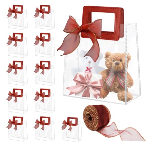 Sacs cadeaux transparents anti-déchirure grand sac étanche à anses rouges pour cadeaux