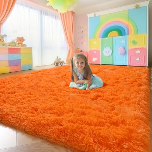 Amdrebio Orange Rugs for Bedroom Living Room, 5x7 Fluffy Fuzzy Area Rugs for Kids Room Decor Aesthetic, Cute Furry Plush Shag Carpet for Toddler Teen Girls Boys Baby Nursery Dorm Playroom Classroom