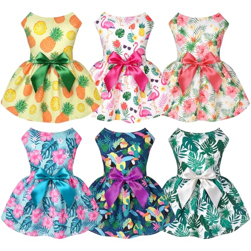 BAOBICUTE 6 Pack Girl Dog Clothes Floral Summer Dog Dress Tropical Floral Princess Bowknot Pet Dresses for Small Dogs Girl Clothes Cute Outfits for Boys Girls Pets Cats Dogs