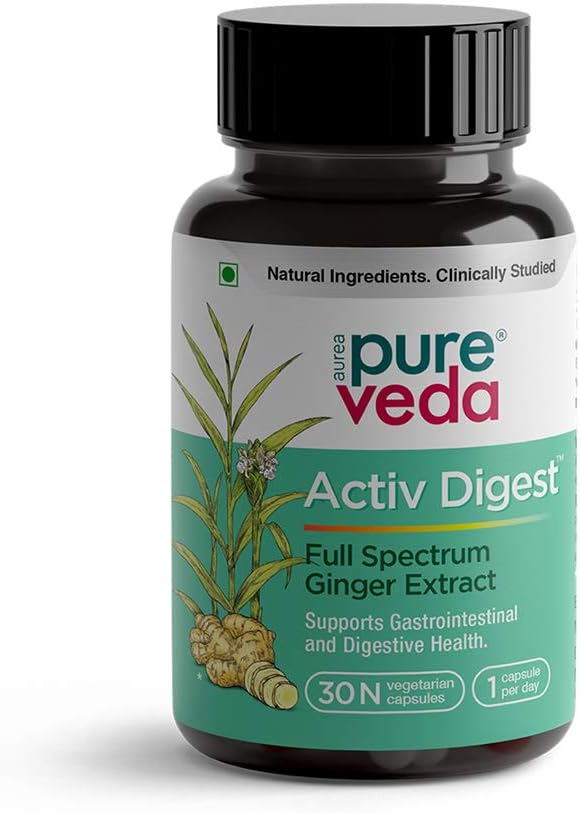 - Pureveda Activ Digest - Full Spectrum Ginger Extract Capsule - Natural Digestion Supplement - Improve Gastrointestinal Health - 30 Veg Capsules