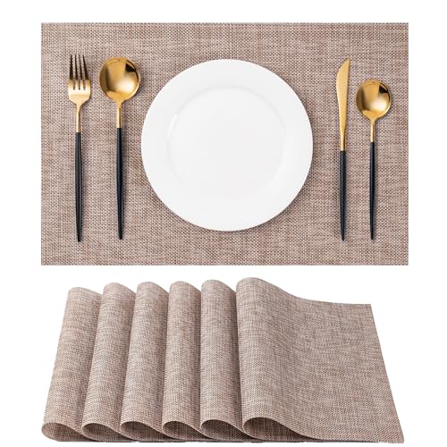Placemats Set of 6 Washable Indoor/Outdoor Vinyl Place Mats for Dining Table Durable Non-Slip Heat Resistant PVC Weave Table Matsï¼ˆKhakiï¼‰