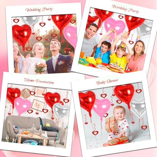 Image of 24 Pcs Red Pink Silver Heart Balloons, 100 Pcs Hearts Hanging Streamers, 18 Inch Heart Foil Balloons Valentine's Day Balloon Love Balloon for Valentines Day Proposal Wedding Party Decorations