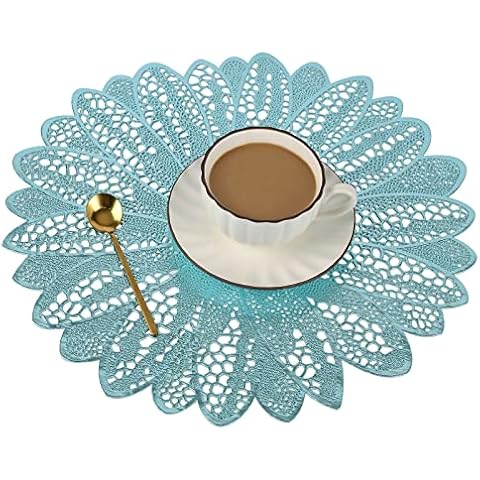 Candumy Round Blue 15 Inches Placemats Set of 6 for Dinner Table,Vinyl Metallic Hollow Out Flower Place Mats,Non Slip Heat Resistand PVC Tablemats Cover