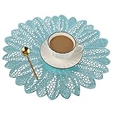Candumy Round Blue 15 Inches Placemats Set of 6 for Dinner Table,Vinyl Metallic Hollow Out Flower Pl