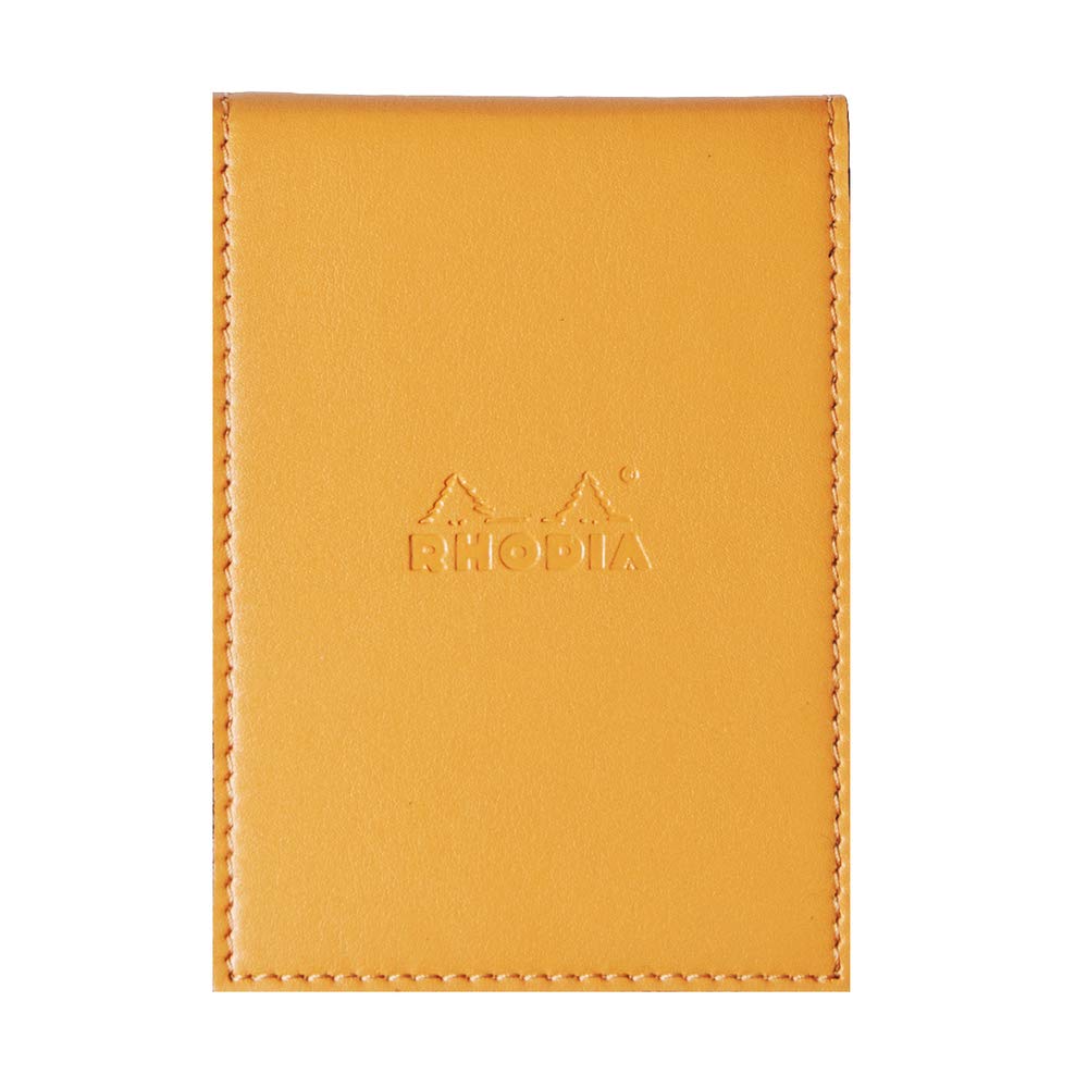 Clairefontaine ES RHODIA 118118C - Étui Porte-Bloc+ Bloc-Notes Agrafé N°11 Orange - A7 - Petits Carreaux - 80 Feuilles Détachables - Papier Clairefontaine Blanc 80 g/m² - Porte-Crayon - Simili Cuir