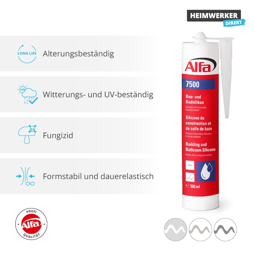 12x Alfa Sanitärsilikon 300 ml Anthrazit – Profi Bau- & Badsilikon (3,6 l) | Profi-Qualität – Essigsäurevernetzendes Silikon mit Pilzschutz - UV-beständig und dauerelastisch für Dehnungsfugen
