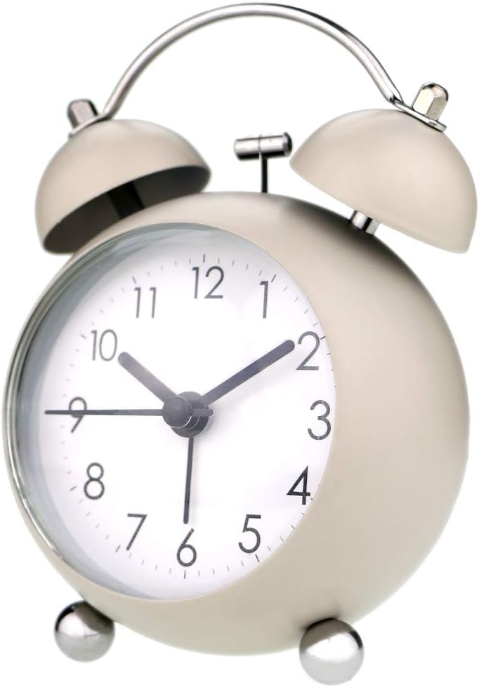 PILIFE 3” Small Twin Bell Alarm Clock,Cute with Backlight and Loud Alarm to Wake You Up,Silent Working Perfect for Bedroom and Work(Light Grey)