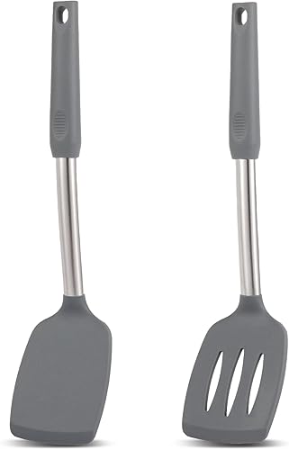Cooptop Paquete de 2 espátulas de silicona antiadherentes, sólidas y ranuradas, resistentes al calor para peces, huevos, panqueques (negro)