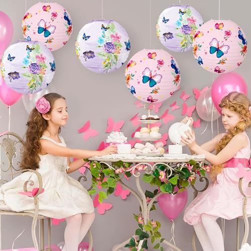 Image of Butterfly Paper Lanterns Butterfly Hanging Decorations Round Pink Paper Lanterns Ceiling Decorations for Birthday Baby Shower Theme Party Supplies Room Decor