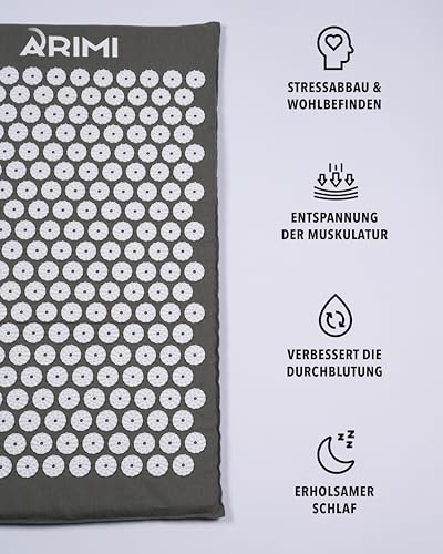 ARIMI® Akupressurmatte mit Kissen und Tasche, nachhaltig, ergonomisch – für Schmerzlinderung, Entspannung und Regeneration, ideal für Rücken und Nacken, Massagematte mit Akupressurkissen