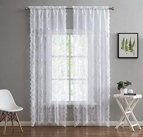Warm Home Designs Pair Of 2 White Color Extra Short Length 54” (W) X 108” (L) Semi Sheer Lace Curtain Panels & Attached Valances With 6 Tassels. Classic Elegant English Rose Pattern. L White 108” #TOP2
