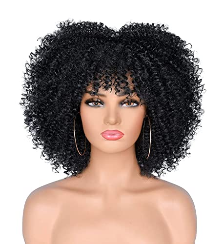 ANNIVIA Short Curly Wig with Bangs for Black Women 10Inch Afro Kinky Curly Wig No Glue Full and Fluffy like a Bomb (Black)