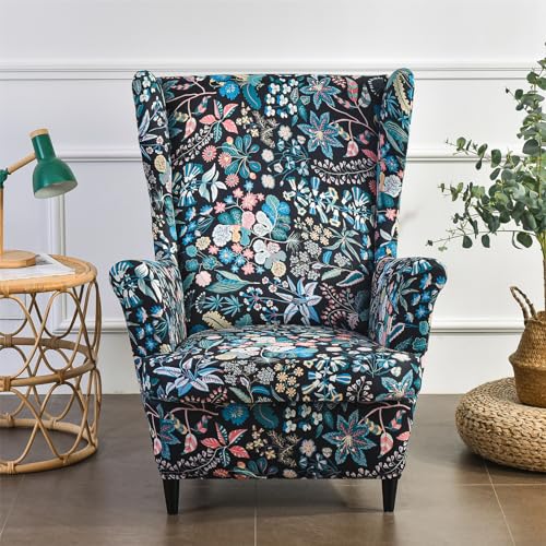 MINGPINHUIUS Wingback Chair Covers - Super Soft Stretch Wing Chair Slipcover Wing Back Chair Cover 2 Piece Set Armchair Covers Furniture Protector for Living Room Bedroom Hotel (Blue Flower)