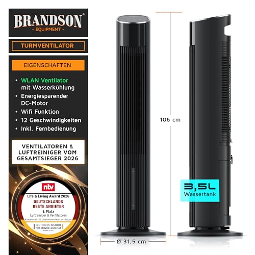 Brandson - Turmventilator mit Wasserkühlung ECO GREEN - sehr leise - Wifi Smart Home/Alexa Sprachsteuerung - Sieger Ventilatoren und Luftkühler 2026 – Klimaanlage mobil - Standventilator – Oszillation 2