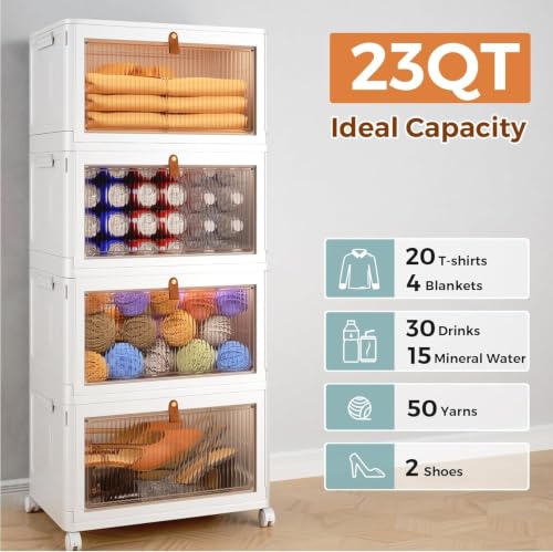 Image of 4 ๐๐๐๐ Plastic Rack for Storage Cabinet with Wheels | Multipurpose Shelf Storage Services Almirah Wardrobe for Clothes, Kitchen Cupboard | Plastic Organizer with Transparent Doors