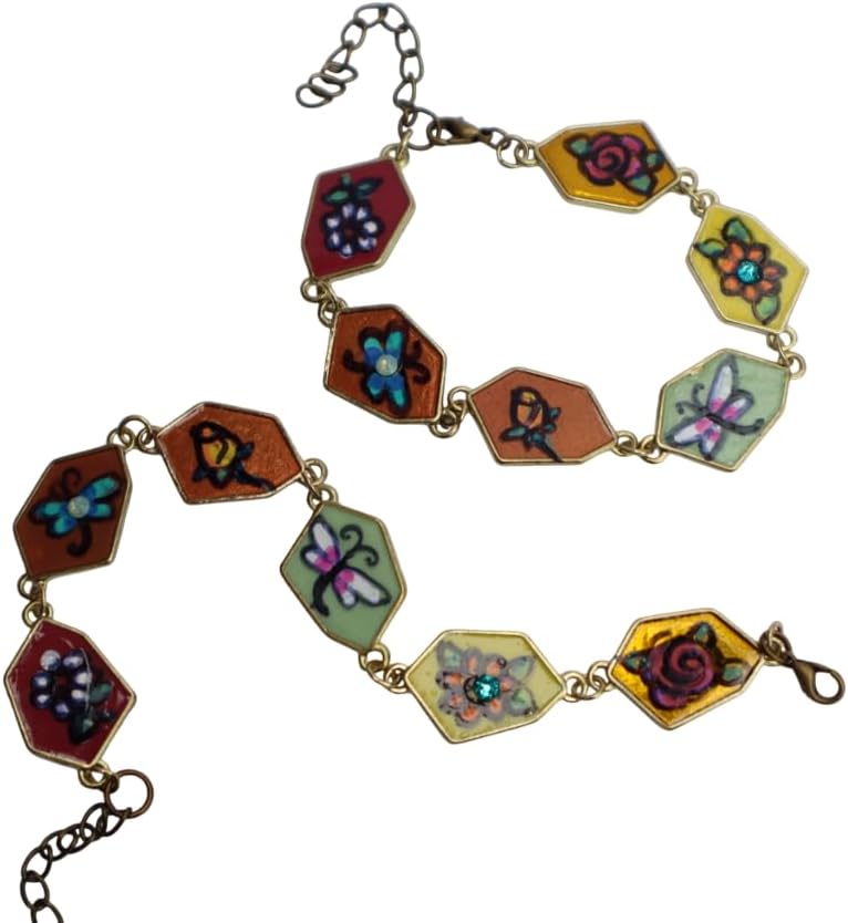 Single Adjustable Hand Painted Multicolored Flowers Roses Butterflies Charms Linked Pendant Link Bracelet Whimsical Bohemian Jewelry for Teen Girls Women